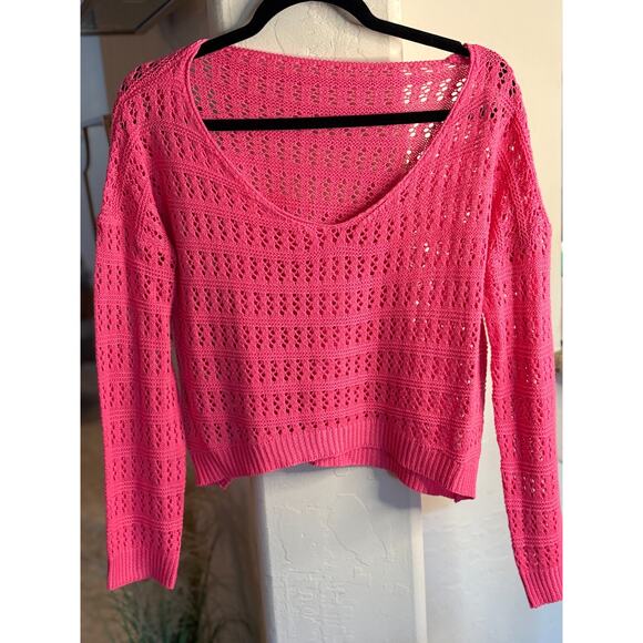 Women Sweater - Drop Shoulder Open Knit Sweater Pink Size Small - Picture 2 of 4